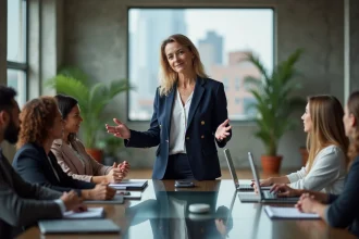 Une femme leader en blazer marine anime une réunion d'équipe dans un bureau moderne, illustrant le concept de leadership authentique.