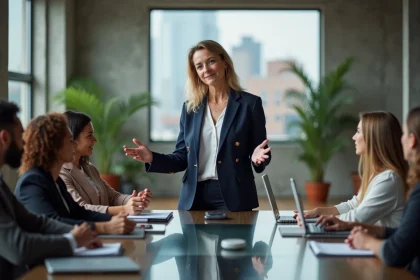 Une femme leader en blazer marine anime une réunion d'équipe dans un bureau moderne, illustrant le concept de leadership authentique.