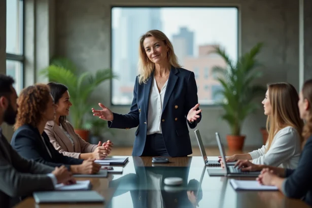Une femme leader en blazer marine anime une réunion d'équipe dans un bureau moderne, illustrant le concept de leadership authentique.