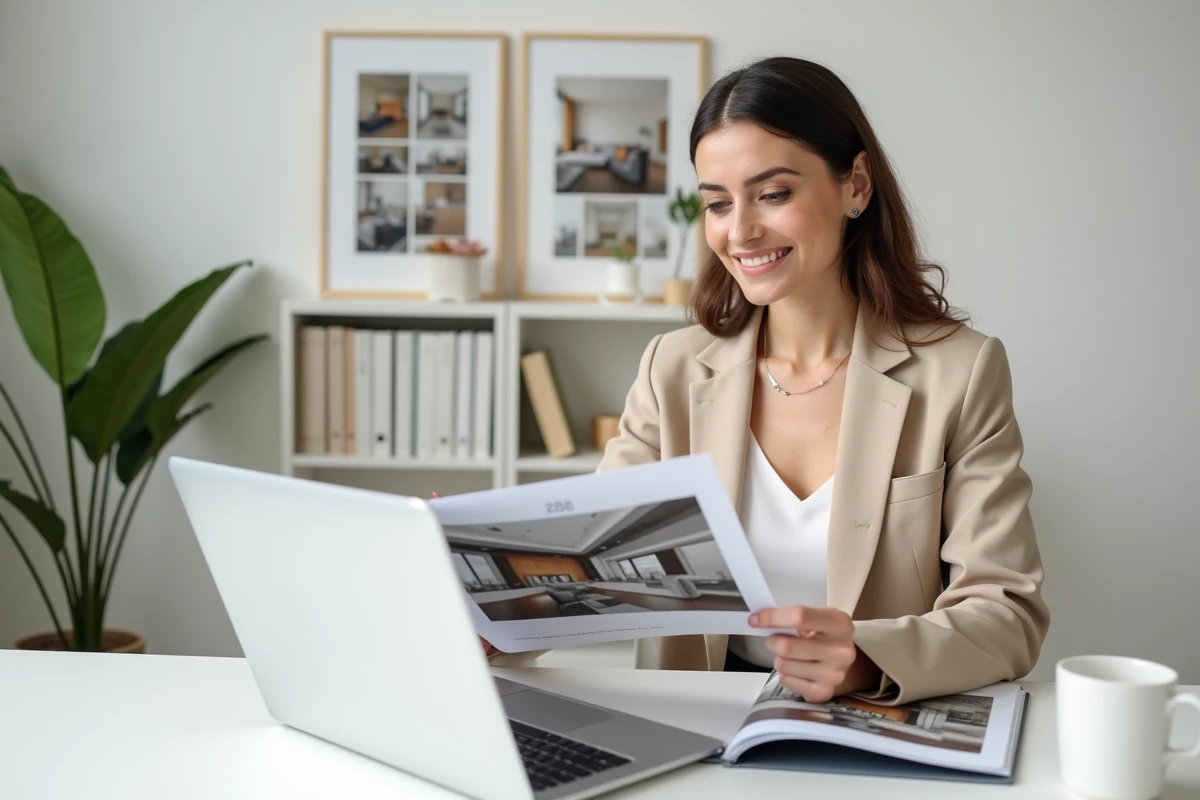 Designer freelance en télétravail consultant son portfolio et des rendus 3D d'intérieur, illustrant les salaires et carrières en design