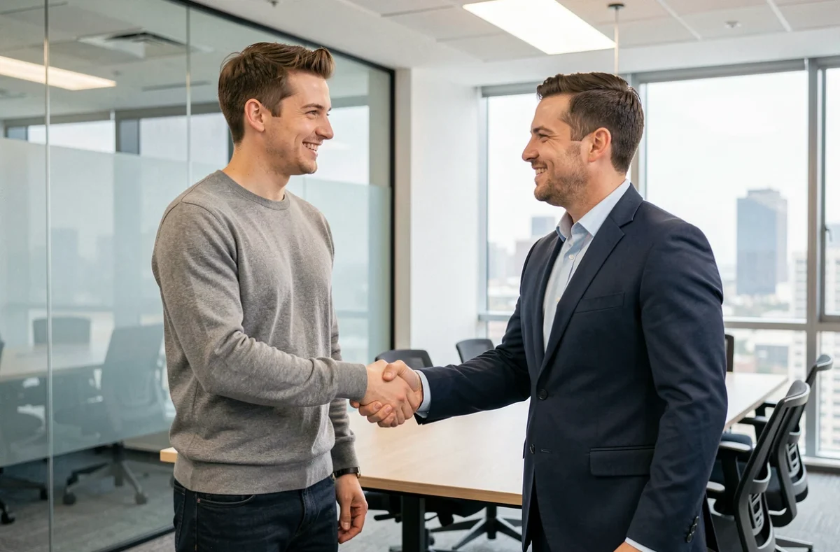 Jeune diplômé serrant la main d'un recruteur après un entretien d'embauche réussi, symbolisant l'insertion professionnelle rapide après une formation à l'Académie Tic et Tac