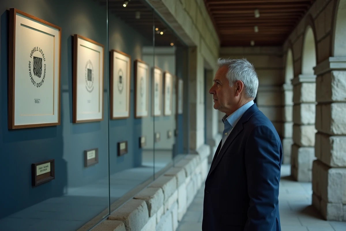 Directeur d'école devant une vitrine présentant l'évolution chronologique du logo scolaire à travers les décennies