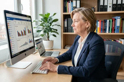 Directrice d'établissement scolaire consultant un tableau de bord numérique de gestion académique sur son ordinateur de bureau dans son bureau administratif