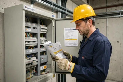 Électricien étudiant les procédures de sécurité devant un tableau électrique basse tension lors d'une formation habilitation électrique B0 H0V