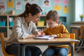 Femme aidant un garçon avec Down syndrome en classe