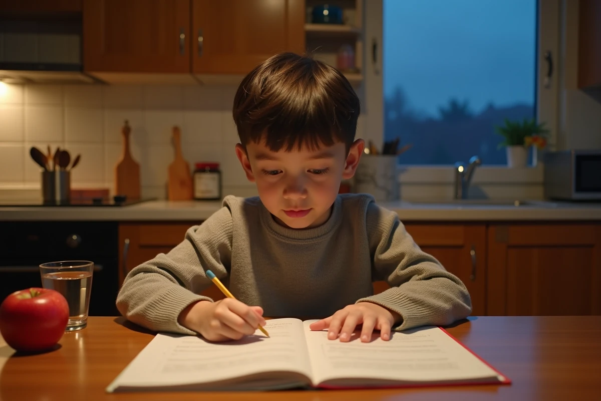 Enfant de CE1 faisant sa lecture du soir à la table de cuisine avec un cahier de textes