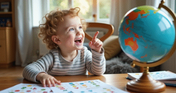 Jeune enfant curieux pointant un globe dans un cadre cosy