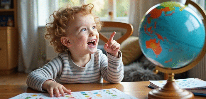 Jeune enfant curieux pointant un globe dans un cadre cosy