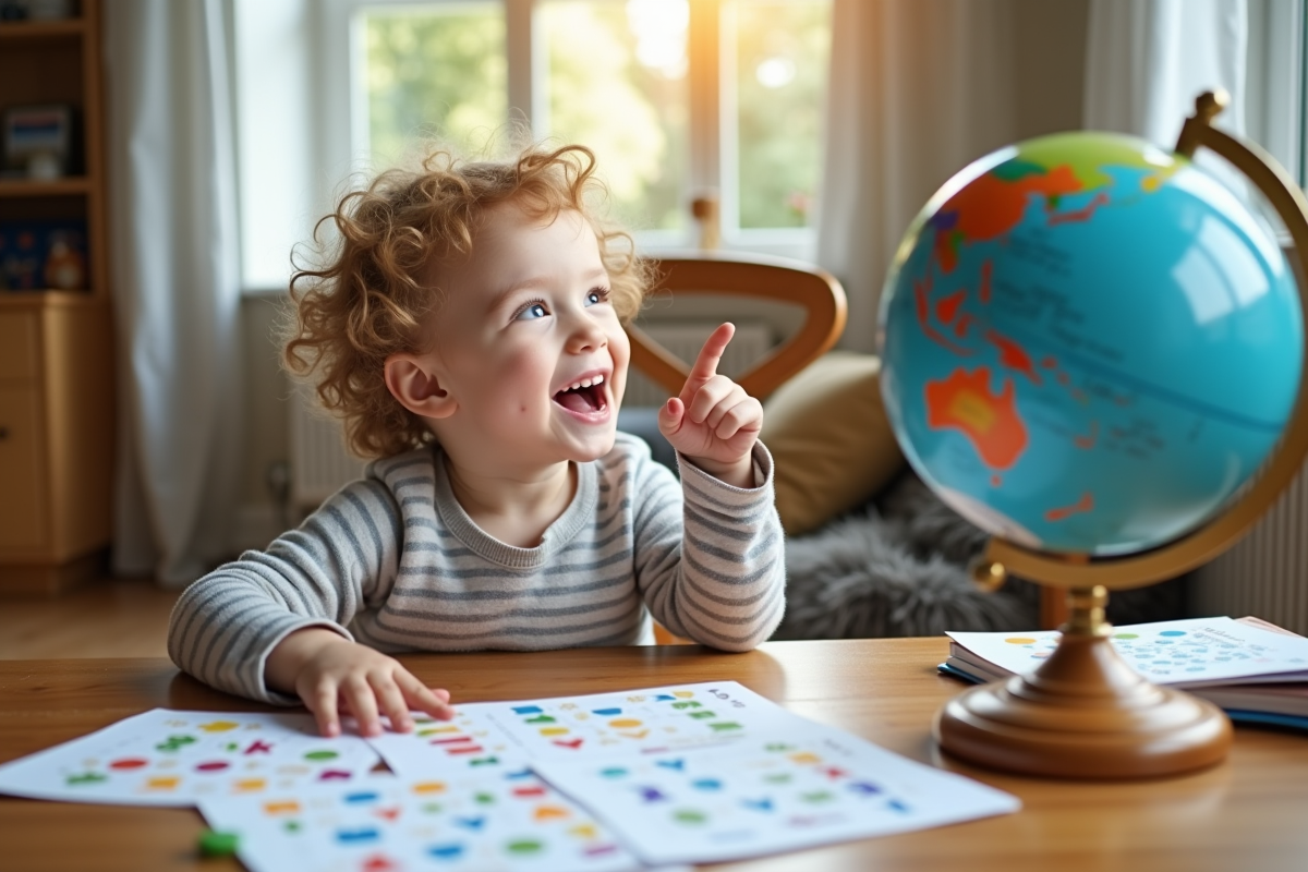 Jeune enfant curieux pointant un globe dans un cadre cosy