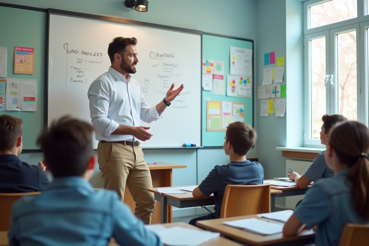 Enseignant expliquant à des adolescents dans une salle de classe lumineuse
