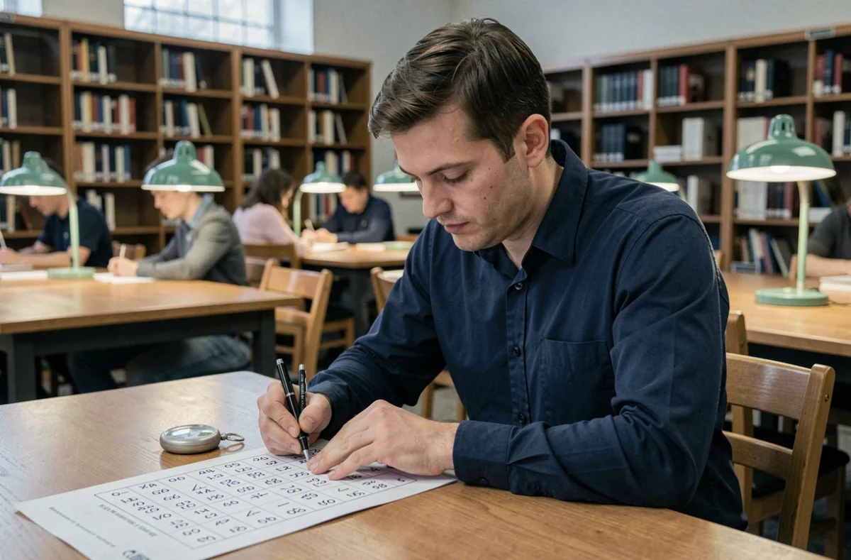 Homme chronométrant son entraînement aux tests psychotechniques dans une bibliothèque universitaire avant un concours