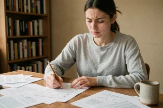 Jeune femme concentrée qui s'entraîne aux tests psychotechniques à son bureau à domicile, entourée de feuilles d'exercices
