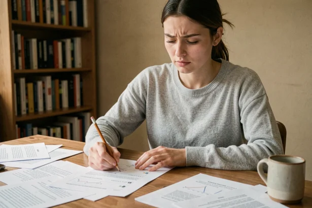 Jeune femme concentrée qui s'entraîne aux tests psychotechniques à son bureau à domicile, entourée de feuilles d'exercices