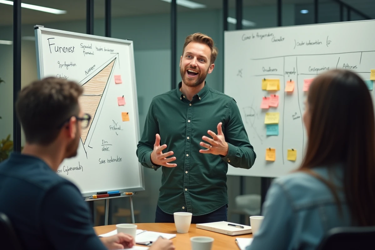 Entrepreneur masculin présentant une stratégie de prospection LinkedIn devant un tableau blanc lors d'une réunion d'équipe startup