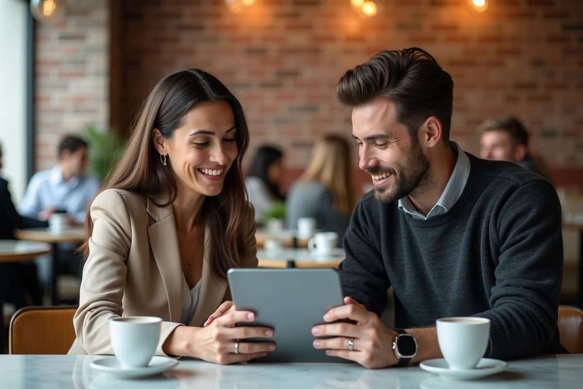 Deux entrepreneurs examinant ensemble des statistiques de croissance LinkedIn sur une tablette lors d'un rendez-vous professionnel en café