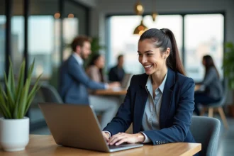 Entrepreneuse professionnelle consultant son profil LinkedIn sur un ordinateur portable dans un espace de coworking moderne