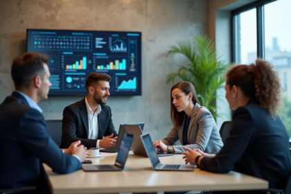 Groupe de professionnels en réunion dans un bureau moderne