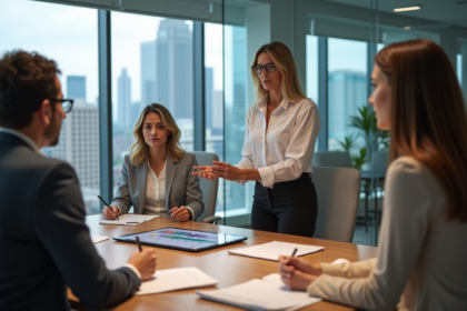Equipe diverse en réunion avec stratégie de communication
