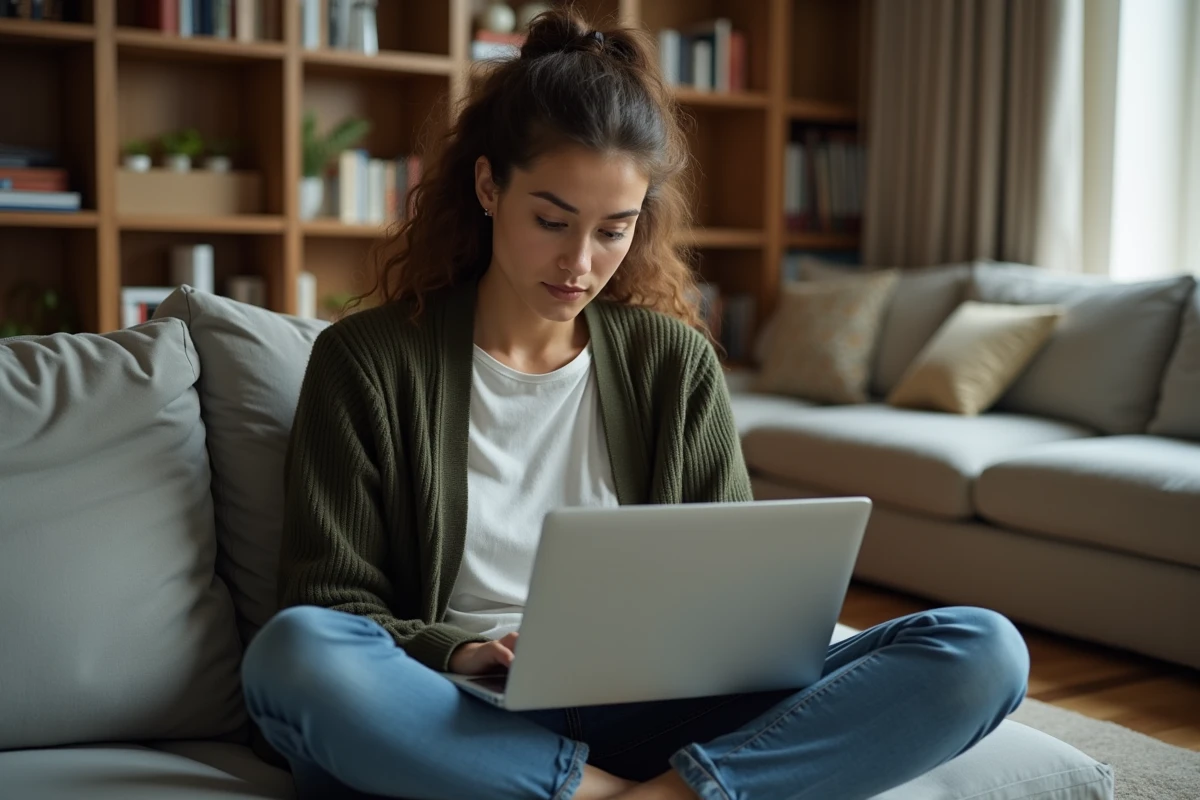 Femme accédant en toute sécurité à son espace numérique PIA Académie d'Amiens depuis son salon à domicile