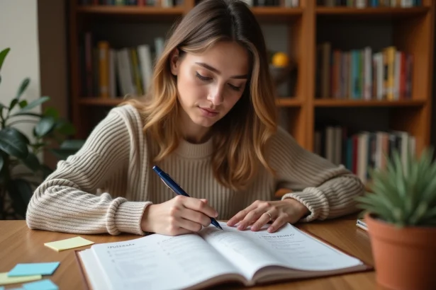 Jeune femme étudiant la conjugaison espagnole imparfait et passé composé dans un cahier de grammaire ouvert sur un bureau en bois