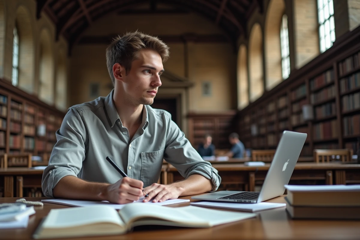 Étudiant concentré dans la bibliothèque universitaire du MIT, entouré de manuels d'ingénierie et d'un ordinateur portable