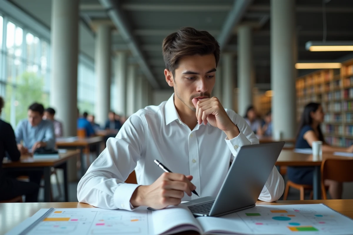Étudiant en BTS révisant dans une bibliothèque universitaire avec une tablette affichant des modules de cours structurés