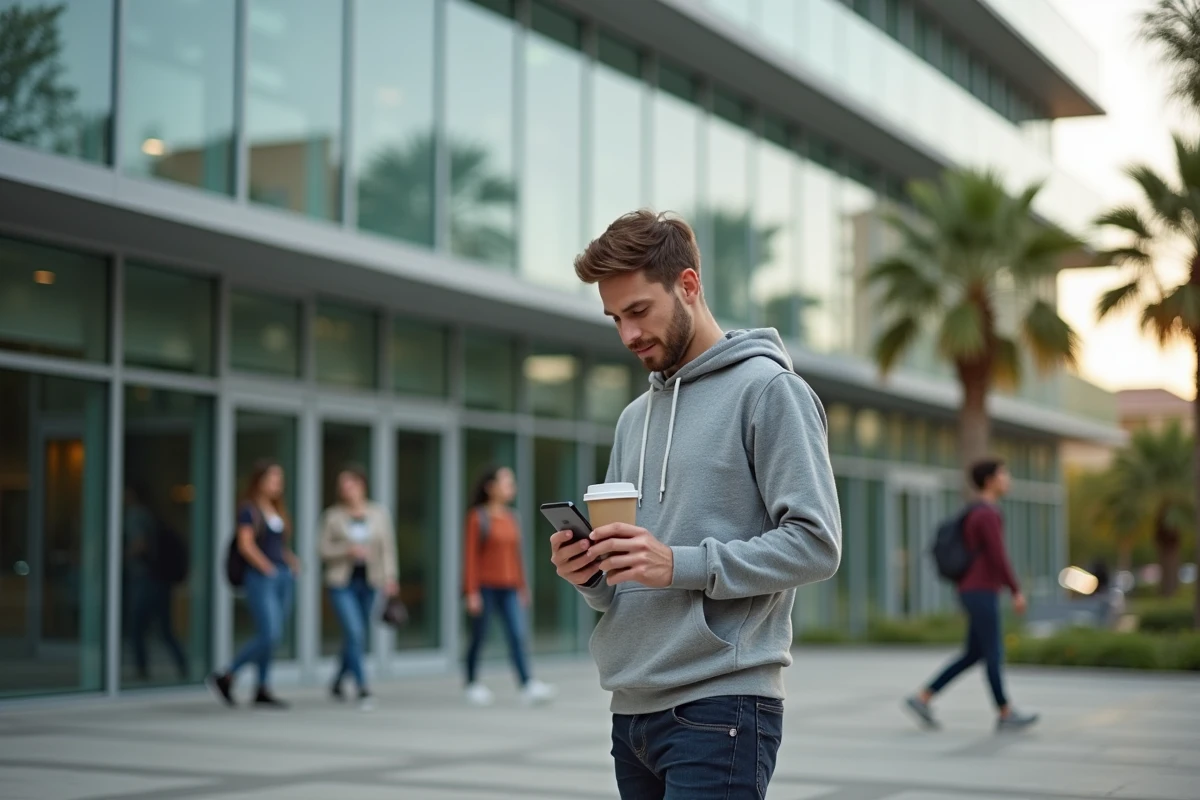 Étudiant devant le campus de l'EDHEC à Nice consultant des informations sur les frais de scolarité sur son téléphone