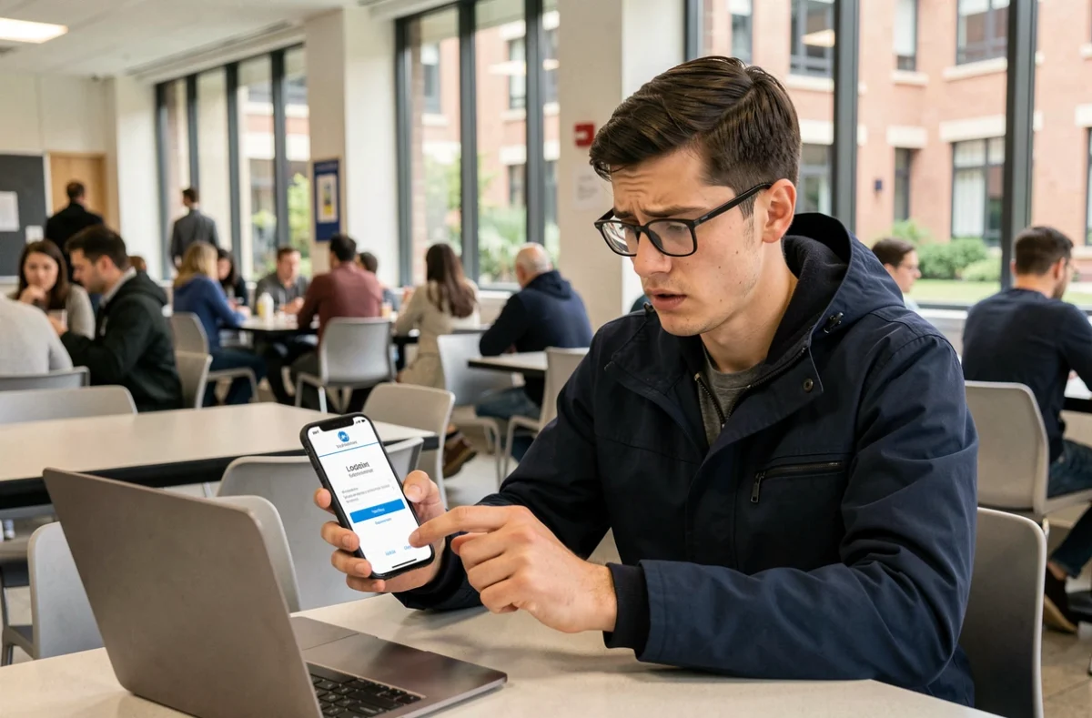 Étudiant consultant son smartphone avec une erreur de connexion au portail de l'université d'Angers dans une cafétéria du campus
