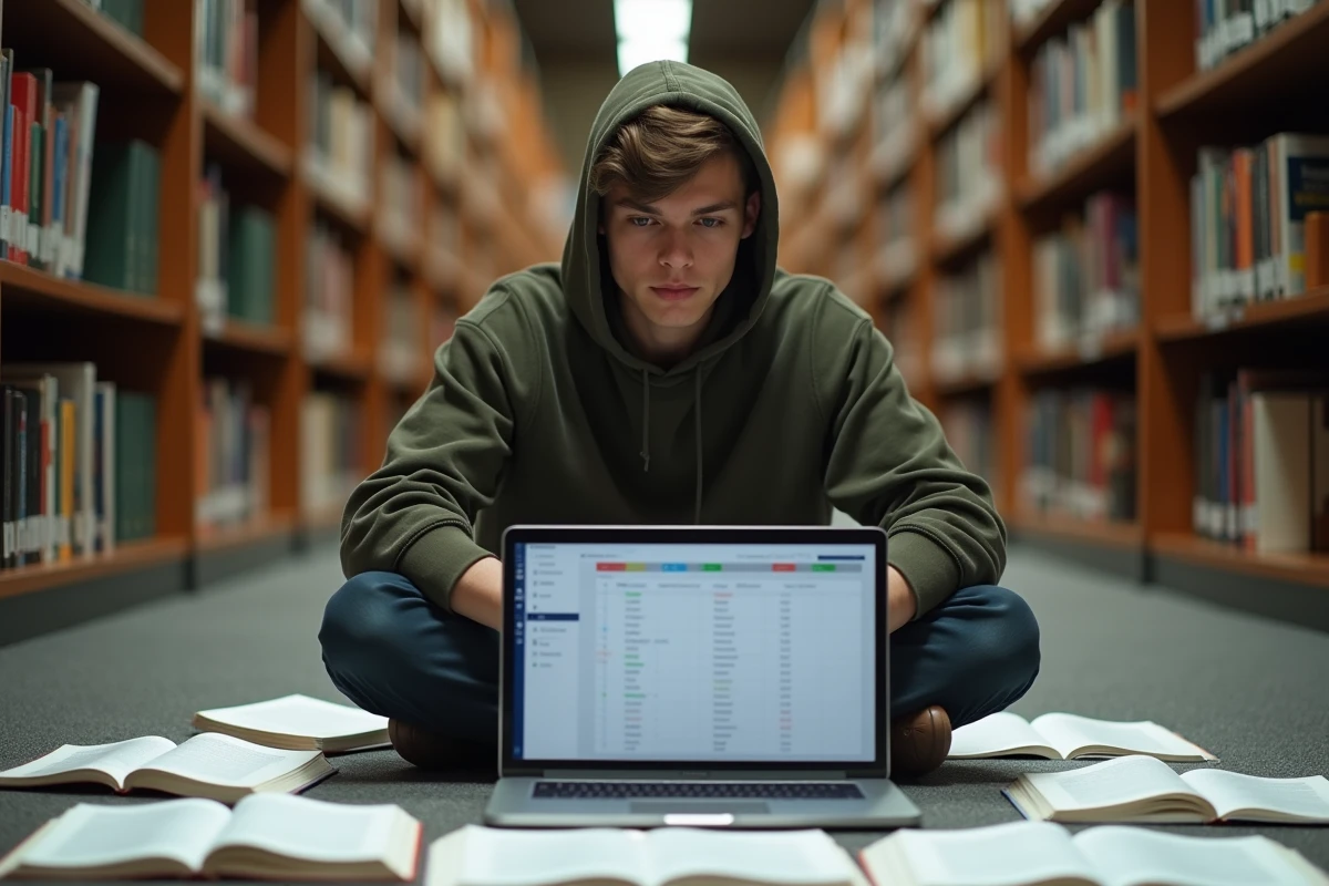 Étudiant consultant des fiches imprimées de connecteurs logiques classés par fonction dans une bibliothèque universitaire