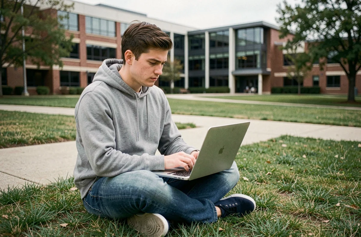 Étudiant masculin cherchant ses cours sur Moodle assis sur la pelouse du campus universitaire