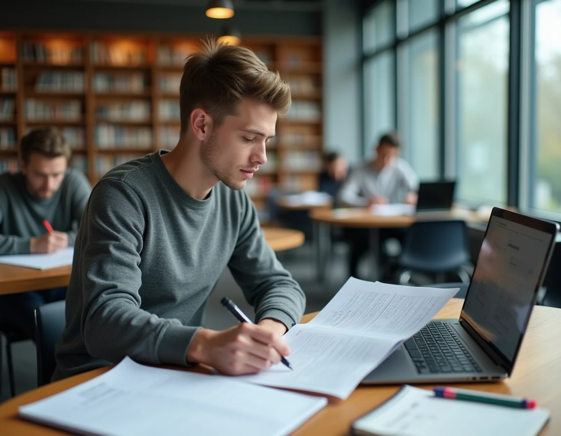 Étudiant consultant la plateforme SCEI en bibliothèque universitaire pour classer ses vœux