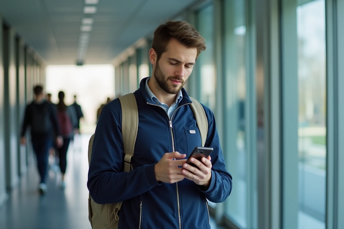 Étudiant vérifiant son emploi du temps universitaire sur smartphone dans un couloir du campus d'Angers