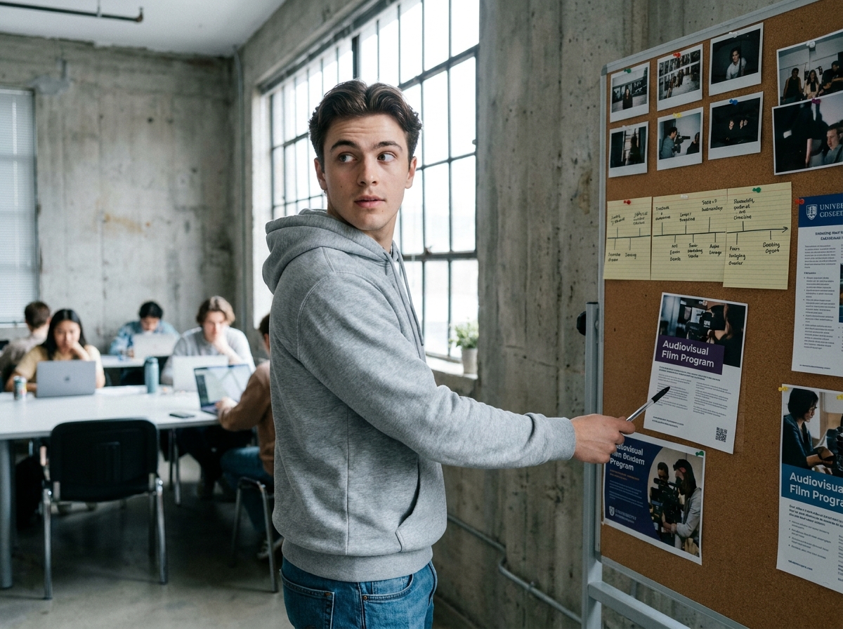 Étudiant consultant des brochures d'écoles audiovisuelles affichées sur un tableau de liège