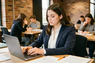 Jeune femme étudiante travaillant sur un ordinateur portable dans un espace de coworking moderne, illustrant le profil idéal pour réussir à l'Académie Tic et Tac