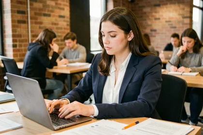 Jeune femme étudiante travaillant sur un ordinateur portable dans un espace de coworking moderne, illustrant le profil idéal pour réussir à l'Académie Tic et Tac