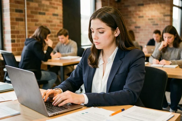 Jeune femme étudiante travaillant sur un ordinateur portable dans un espace de coworking moderne, illustrant le profil idéal pour réussir à l'Académie Tic et Tac