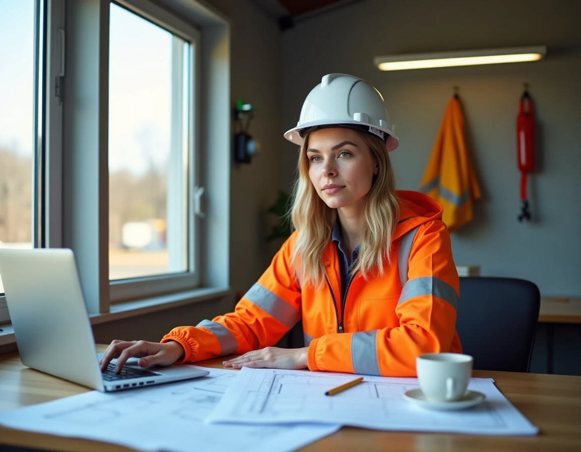 Jeune femme en alternance dans le BTP étudiant des plans architecturaux dans un bureau de chantier temporaire