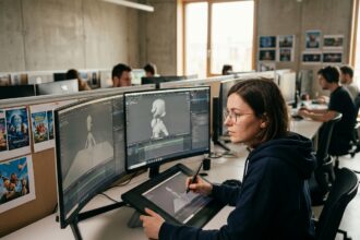 Étudiante en animation 3D travaillant sur un logiciel de modélisation de personnages dans un studio professionnel