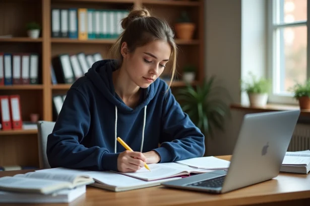 Étudiante préparant son BTS à son bureau avec des notes de cours et une plateforme e-learning ouverte sur son ordinateur portable