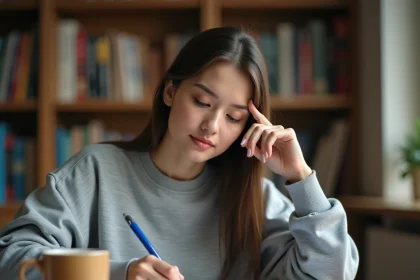 Étudiante calculant une note avec coefficient dans un cahier manuscrit à son bureau d'appartement