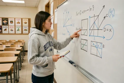 Étudiante expliquant des calculs de vecteurs sur un tableau blanc dans une salle de cours universitaire