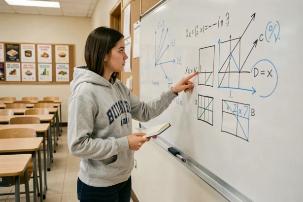 Étudiante expliquant des calculs de vecteurs sur un tableau blanc dans une salle de cours universitaire