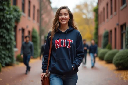 Étudiante française traversant le campus de MIT à Boston en automne, portant un sweat MIT et un sac en cuir