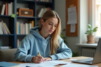 Étudiante classant ses vœux SCEI sur papier à son bureau universitaire