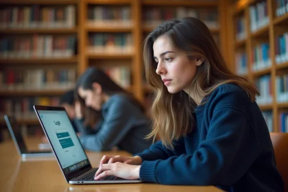Étudiante connectée à la plateforme Edu Normandie sur un ordinateur portable dans une bibliothèque universitaire