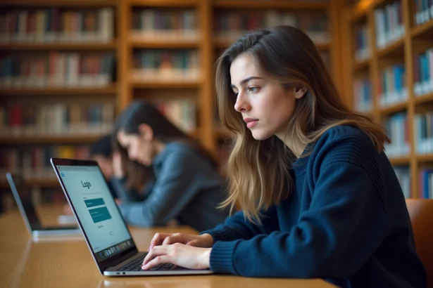 Étudiante connectée à la plateforme Edu Normandie sur un ordinateur portable dans une bibliothèque universitaire