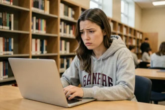 Étudiante frustrée devant son ordinateur portable à la bibliothèque universitaire d'Angers, tentant de se connecter à l'ENT
