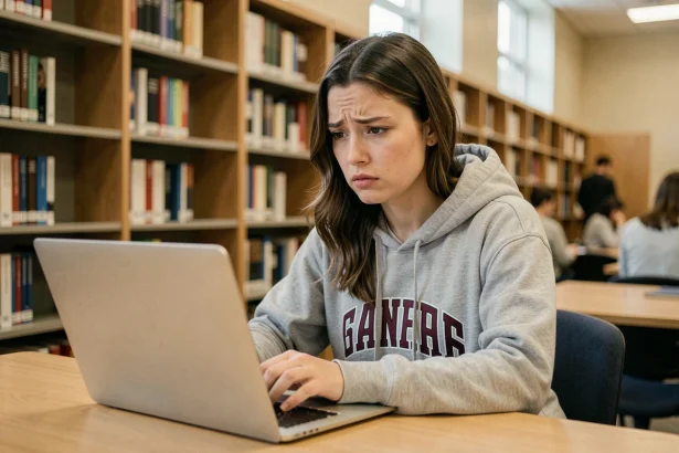 Étudiante frustrée devant son ordinateur portable à la bibliothèque universitaire d'Angers, tentant de se connecter à l'ENT