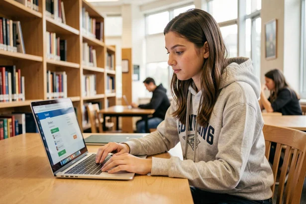Étudiante connectée à l'ENT ULHN sur son ordinateur portable dans une bibliothèque universitaire moderne