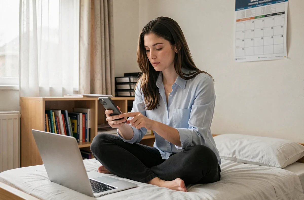 Étudiante envoyant un lien de partage de son emploi du temps UPVD par messagerie depuis sa chambre universitaire